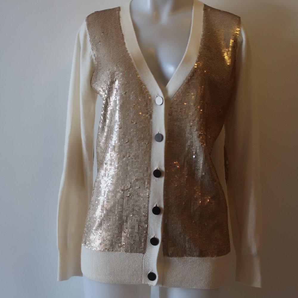 Womens Gryphon New York Cream Gold Sequined V-Neck Wool Cardigan Sweater M *